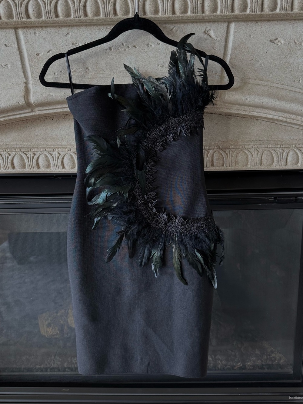 Black One-Shoulder Feather-Trim Cocktail Dress